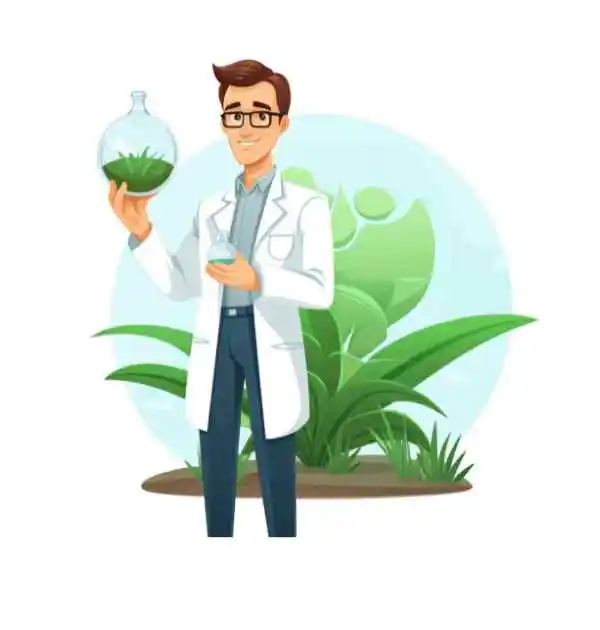 A doctor in a lab coat holds a plant in a glass jar, showcasing his expertise in Ayurvedic medicine and surgery.