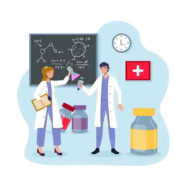  Two doctor in lab coats stand beside a chalkboard, symbolizing their expertise in Bachelor of Homeopathic Medicine and Surgery