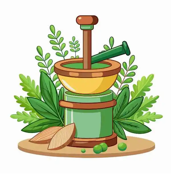  A mortar and pestle with vibrant green leaves and herbs, representing the essence of herbal medicine and wellness.