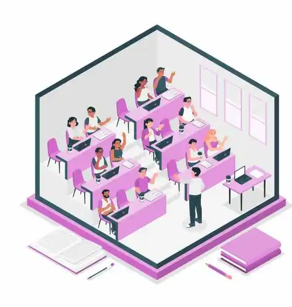 Isometric illustration of a classroom filled with students engaged in learning at a NEET coaching center.