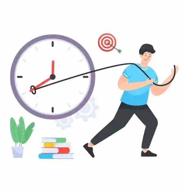 A man pulls a rope connected to a clock, symbolizing the flexibility of timings at a NEET coaching center.