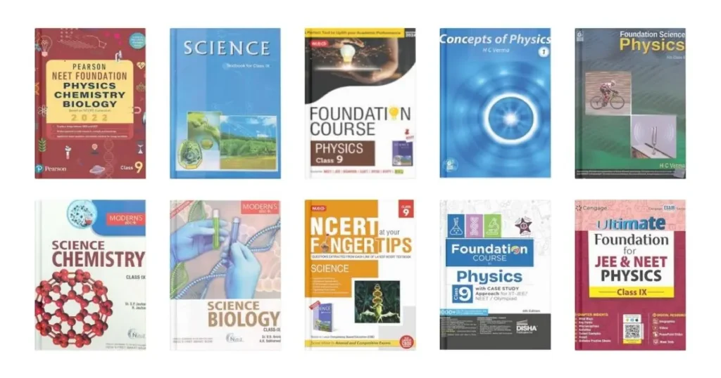 A collection of science and technology books, including NEET preparation materials for Class 9 students.