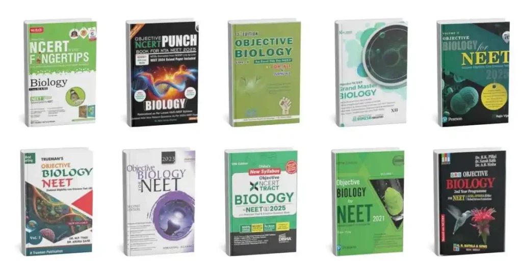 A diverse collection of books covering various topics, including the top 10 best biology objective books for NEET