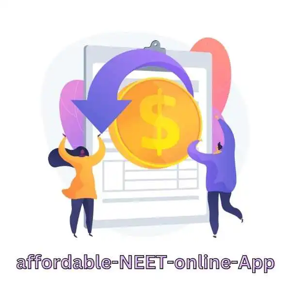 A group of people holds a dollar coin, with an arrow indicating it, representing the affordable NEET online application